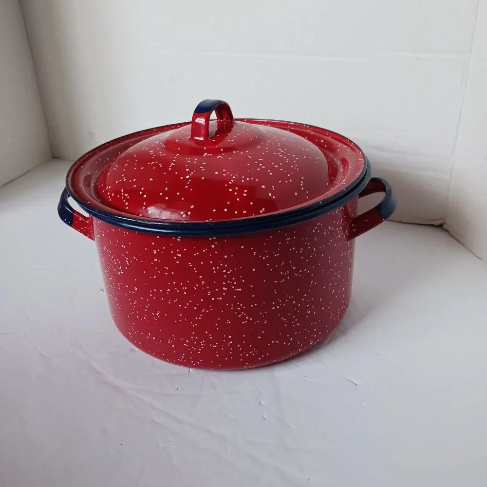Vintage Red Blue Splatter Spackle Enamelware Cooking Pot